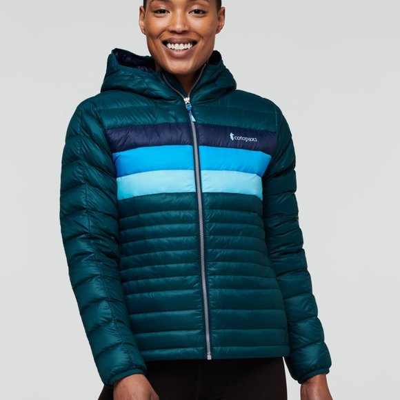 Cotopaxi Women’s Fuego Hooded Down Jacket in Deep Sea Stripes - Picture 1 of 4
